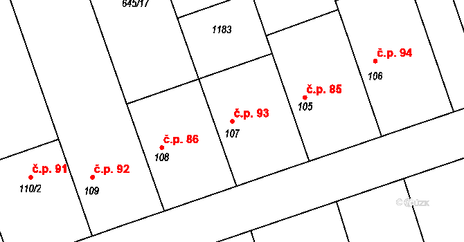 Hořešovice 93 na parcele st. 107 v KÚ Hořešovice, Katastrální mapa
