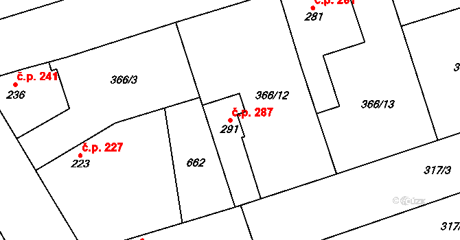 Veltruby 287 na parcele st. 291 v KÚ Veltruby, Katastrální mapa