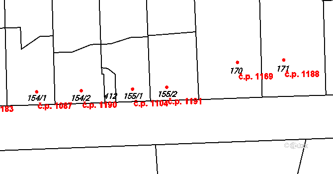 Švermov 1191, Kladno na parcele st. 155/2 v KÚ Hnidousy, Katastrální mapa