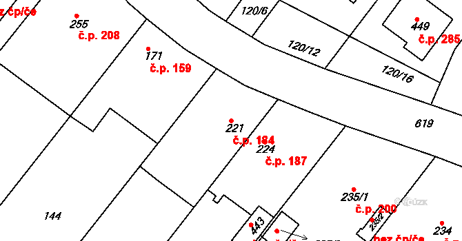 Přílepy 184 na parcele st. 221 v KÚ Přílepy u Holešova, Katastrální mapa