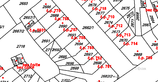 Střekov 755, Ústí nad Labem na parcele st. 2694 v KÚ Střekov, Katastrální mapa