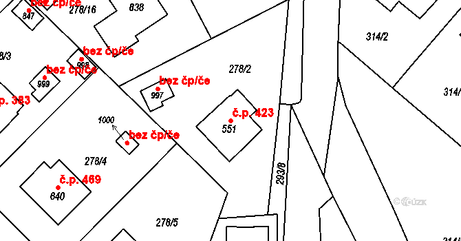 Jablonné nad Orlicí 423 na parcele st. 551 v KÚ Jablonné nad Orlicí, Katastrální mapa
