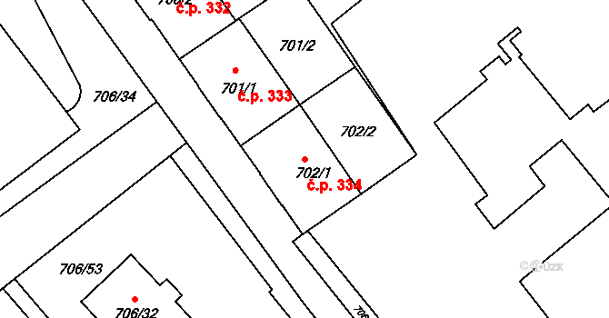 Frýdek 334, Frýdek-Místek na parcele st. 702/1 v KÚ Frýdek, Katastrální mapa
