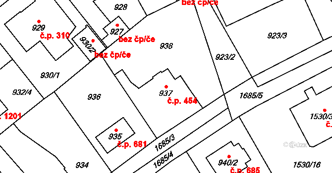 Řeporyje 454, Praha na parcele st. 937 v KÚ Řeporyje, Katastrální mapa