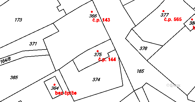 Hodkovice nad Mohelkou 144 na parcele st. 375 v KÚ Hodkovice nad Mohelkou, Katastrální mapa