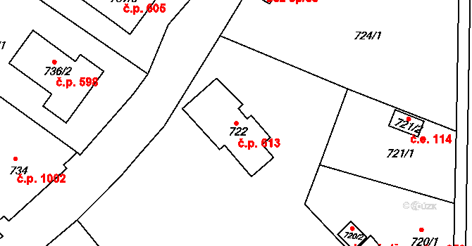 Rumburk 1 613, Rumburk na parcele st. 722 v KÚ Rumburk, Katastrální mapa