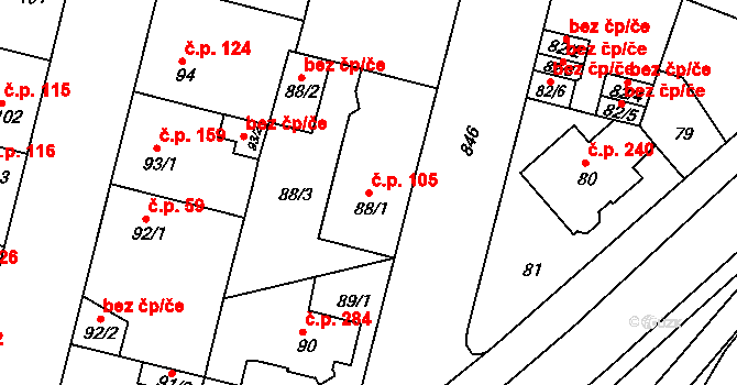 Doudlevce 105, Plzeň na parcele st. 88/1 v KÚ Doudlevce, Katastrální mapa