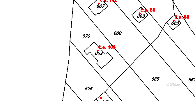 Sentice 103 na parcele st. 669 v KÚ Sentice, Katastrální mapa