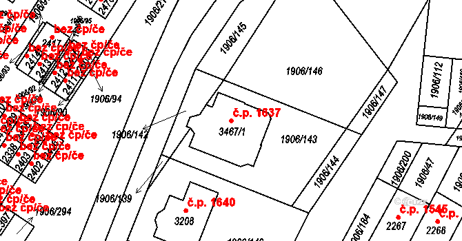 Bystřice pod Hostýnem 1637 na parcele st. 3467/1 v KÚ Bystřice pod Hostýnem, Katastrální mapa