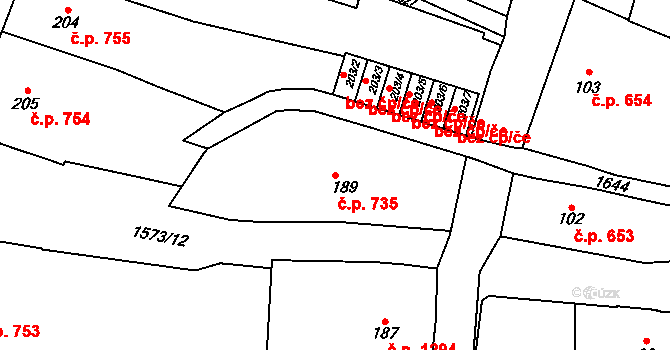 Litovel 735 na parcele st. 189 v KÚ Litovel, Katastrální mapa