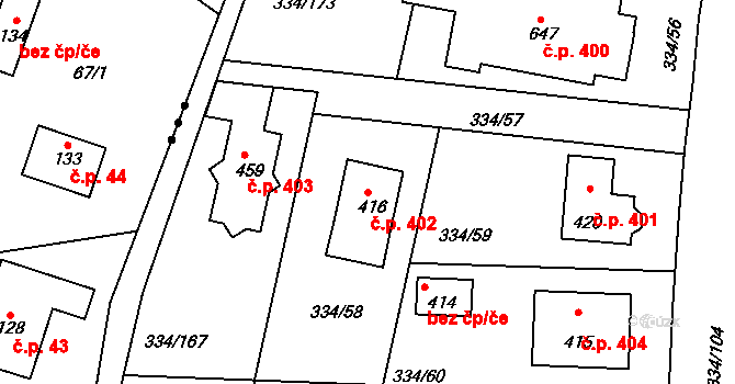 Bradlec 402 na parcele st. 416 v KÚ Bradlec, Katastrální mapa
