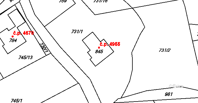 Kokonín 4955, Jablonec nad Nisou na parcele st. 845 v KÚ Kokonín, Katastrální mapa