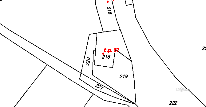 Horní Loučky 57 na parcele st. 218 v KÚ Horní Loučky, Katastrální mapa