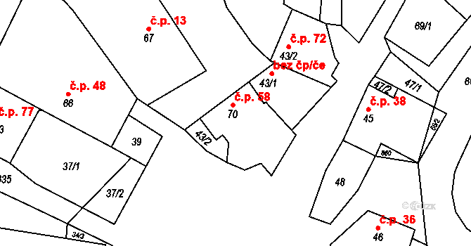 Křižínkov 58 na parcele st. 70 v KÚ Křižínkov, Katastrální mapa