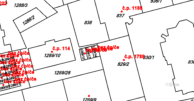 Ostrava 38148447 na parcele st. 1289/14 v KÚ Moravská Ostrava, Katastrální mapa