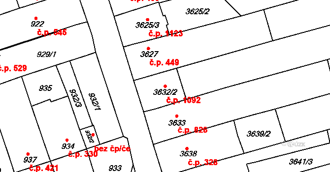Vlčnov 1092 na parcele st. 3632/2 v KÚ Vlčnov, Katastrální mapa