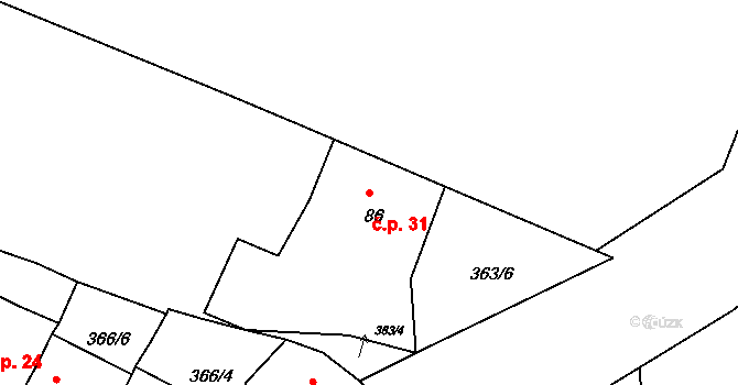 Janov 31, Roudná na parcele st. 86 v KÚ Roudná nad Lužnicí, Katastrální mapa