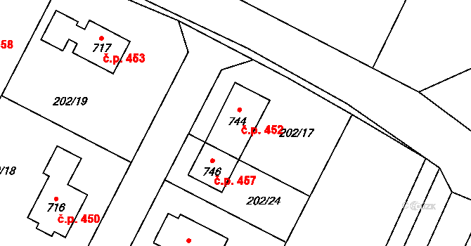 Předměřice nad Labem 452 na parcele st. 744 v KÚ Předměřice nad Labem, Katastrální mapa