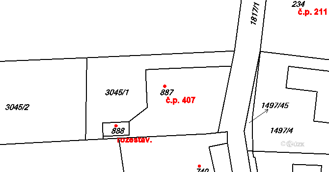 Velešín 407 na parcele st. 887 v KÚ Velešín, Katastrální mapa