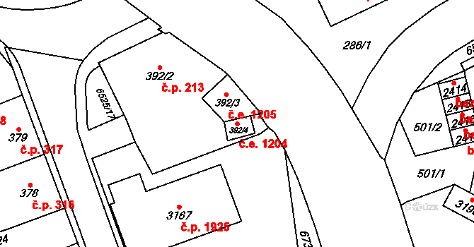 Kraslice 1204 na parcele st. 392/4 v KÚ Kraslice, Katastrální mapa