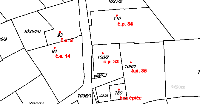 Chalupy 33, Zemětice na parcele st. 106/2 v KÚ Zemětice, Katastrální mapa