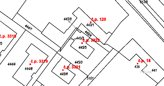Milovice 3322 na parcele st. 445/5 v KÚ Milovice nad Labem, Katastrální mapa