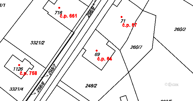 Bohdašín 64, Červený Kostelec na parcele st. 69 v KÚ Bohdašín nad Olešnicí, Katastrální mapa