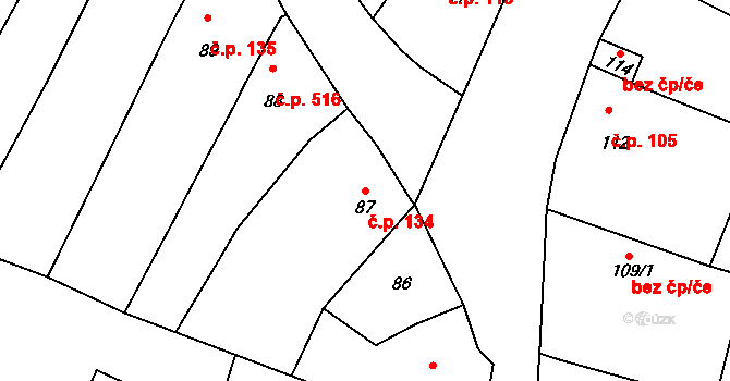 Drnholec 134 na parcele st. 87 v KÚ Drnholec, Katastrální mapa