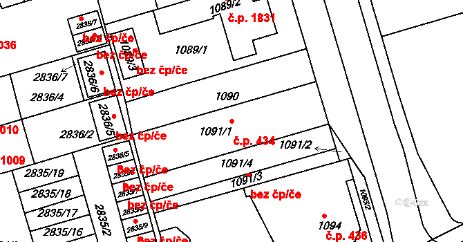 Holešov 434 na parcele st. 1091/1 v KÚ Holešov, Katastrální mapa