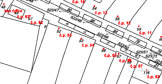Karolín 54 na parcele st. 53 v KÚ Karolín u Sulimova, Katastrální mapa