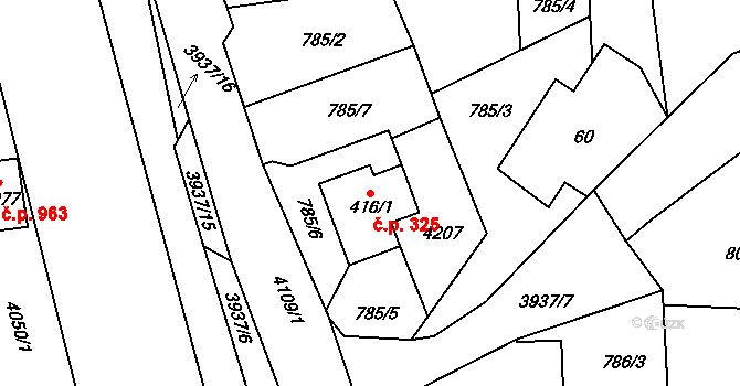 Kozlovice 325 na parcele st. 416/1 v KÚ Kozlovice, Katastrální mapa