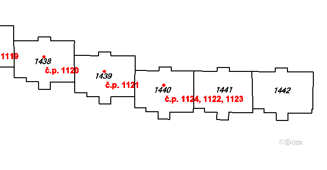 Uničov 1122,1123,1124 na parcele st. 1440 v KÚ Uničov, Katastrální mapa