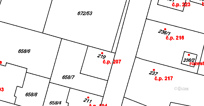 Krchleby 207 na parcele st. 219 v KÚ Krchleby u Nymburka, Katastrální mapa