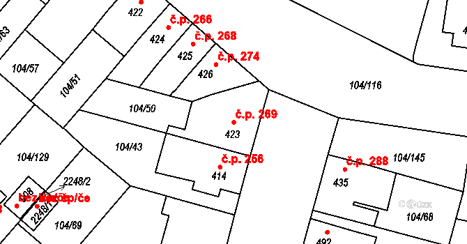 Podklášteří 269, Třebíč na parcele st. 423 v KÚ Podklášteří, Katastrální mapa