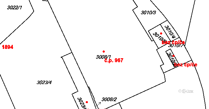 Teplice 967 na parcele st. 3008/1 v KÚ Teplice, Katastrální mapa