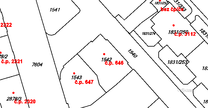 Frýdek 646, Frýdek-Místek na parcele st. 1542 v KÚ Frýdek, Katastrální mapa