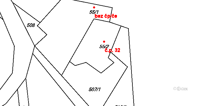 Horní Radouň 32 na parcele st. 55/2 v KÚ Horní Radouň, Katastrální mapa