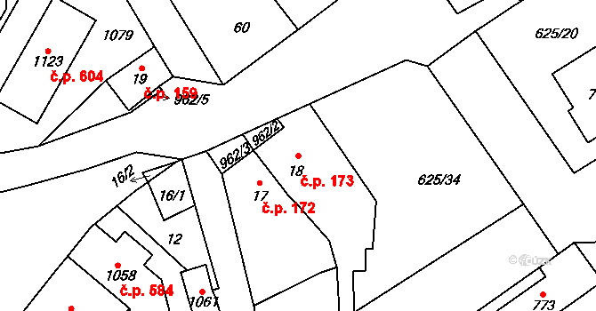 Borohrádek 173 na parcele st. 18 v KÚ Borohrádek, Katastrální mapa