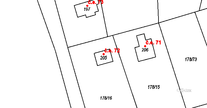Lhotka 72, Svinaře na parcele st. 205 v KÚ Svinaře, Katastrální mapa