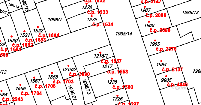 Hodonín 1557 na parcele st. 1218/1 v KÚ Hodonín, Katastrální mapa