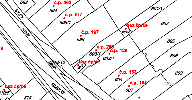 Zbýšov 209 na parcele st. 600/1 v KÚ Zbýšov u Oslavan, Katastrální mapa