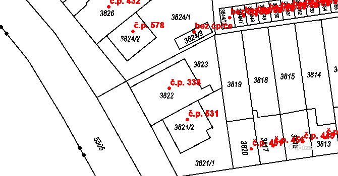 Božkov 338, Plzeň na parcele st. 3822 v KÚ Plzeň, Katastrální mapa