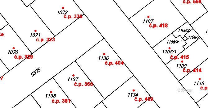 Východní Předměstí 404, Plzeň na parcele st. 1136 v KÚ Plzeň, Katastrální mapa