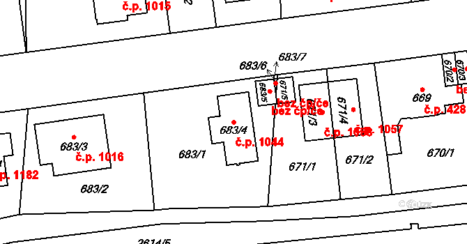 Skvrňany 1044, Plzeň na parcele st. 683/4 v KÚ Skvrňany, Katastrální mapa