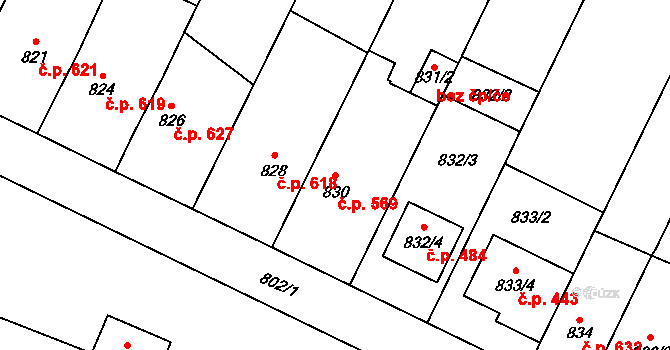 Pozořice 569 na parcele st. 830 v KÚ Pozořice, Katastrální mapa
