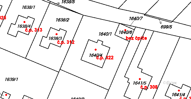 Želešice 322 na parcele st. 1640/4 v KÚ Želešice, Katastrální mapa