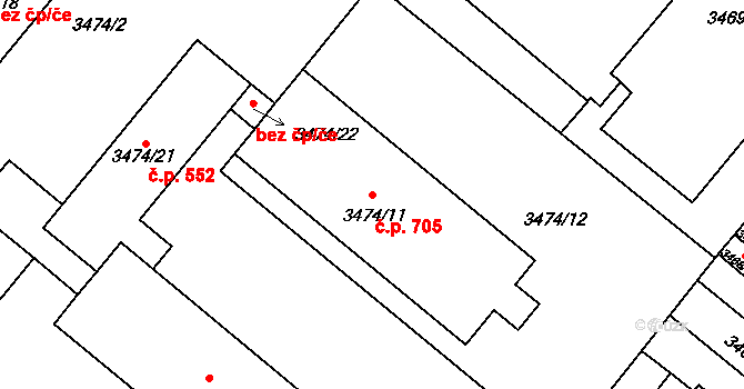 Vyškov-Předměstí 705, Vyškov na parcele st. 3474/11 v KÚ Vyškov, Katastrální mapa