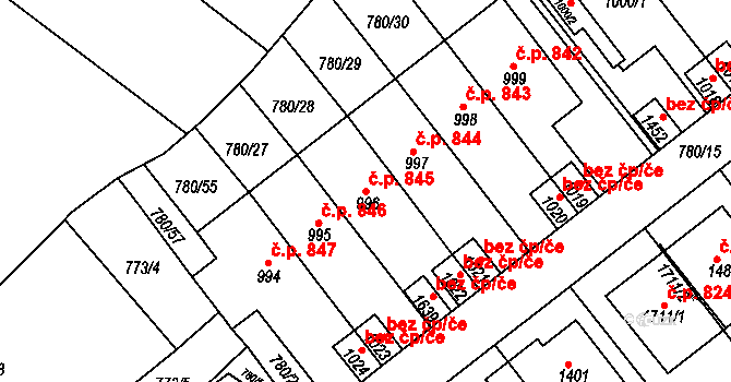 Luhačovice 845 na parcele st. 996 v KÚ Luhačovice, Katastrální mapa