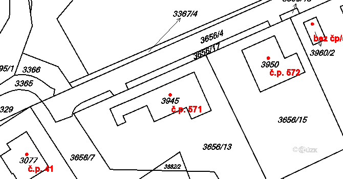 Ostrovské Předměstí 571, Lanškroun na parcele st. 3945 v KÚ Lanškroun, Katastrální mapa