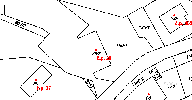 Uhelná 26 na parcele st. 89/3 v KÚ Uhelná, Katastrální mapa